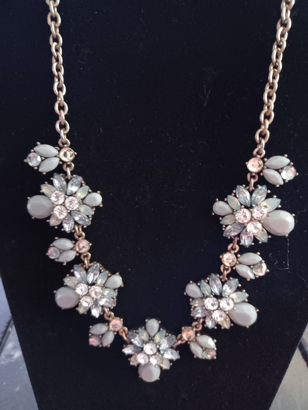 Unbranded Floral Cluster Statement Necklace - Pale Gray Blue and Crystal 16"